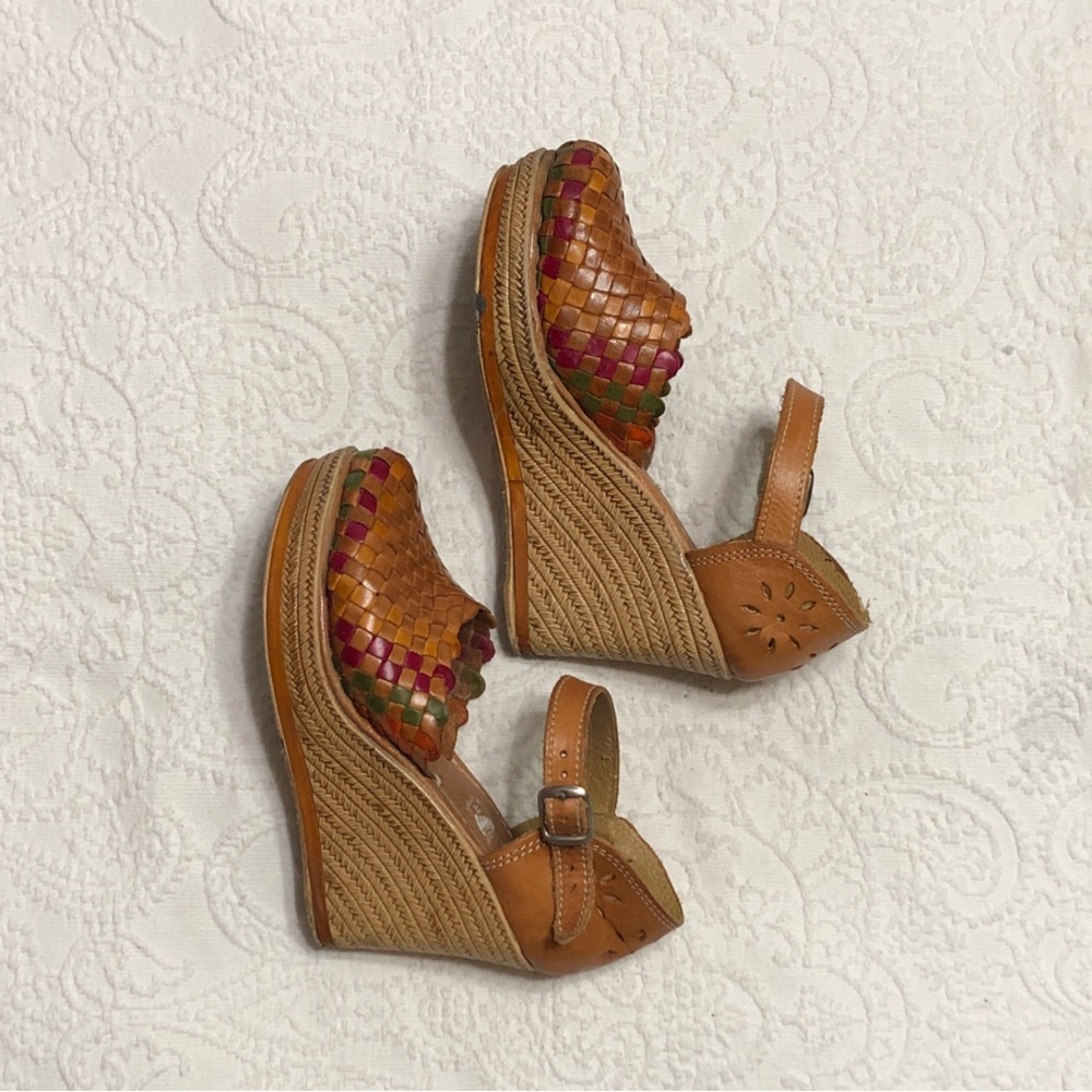 Huaraches Size 7 US/4 MEX Tan Woven Leather Platform Wedge Sandals - Picture 4 of 11